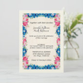 Roze en blauwe bloemen op Faux Parchment Wedding Kaart (Staand voorkant)