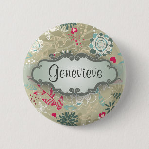 Roze en Blauwe Bloemen op Tan met Naambord Ronde Button 5,7 Cm