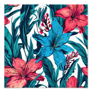 Roze en Blauwe Bloemen op Wit Foto Afdruk
