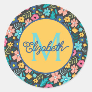Roze en blauwe bloemen op zwart monogram ronde sticker