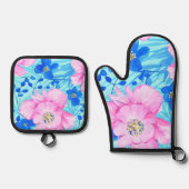 Roze en blauwe bloemen ovenwant & pannenlap set (Voorkant)
