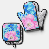 Roze en blauwe bloemen ovenwant & pannenlap set (Voorkant / Achterkant)