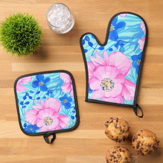 Roze en blauwe bloemen ovenwant & pannenlap set (Top down)
