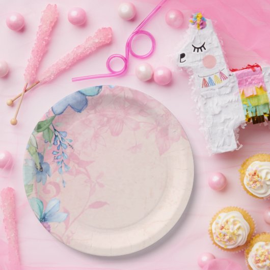  roze en blauwe bloemen papieren bordje (Feest)