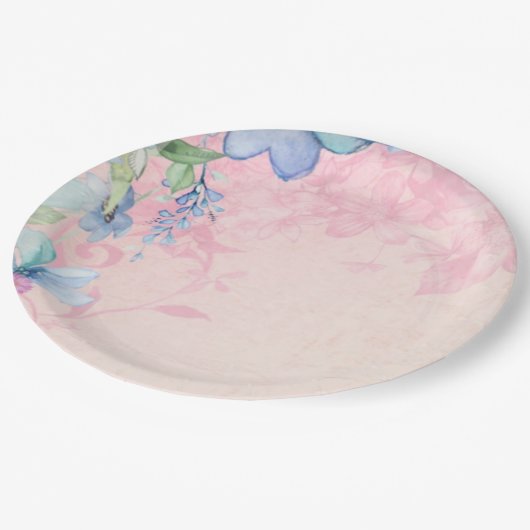 roze en blauwe bloemen papieren bordje (Gekanteld)