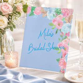 roze en blauwe bloemen reclamebord met voetstuk