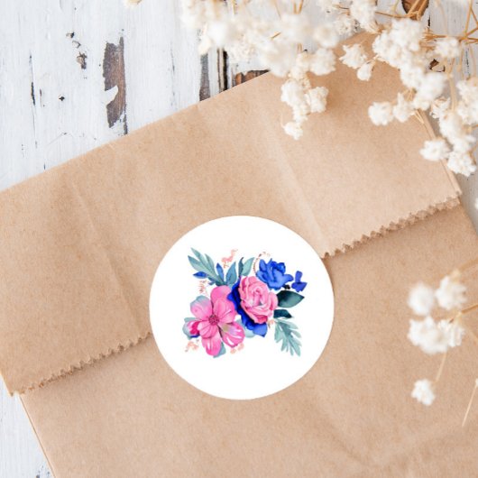 roze en blauwe bloemen ronde sticker