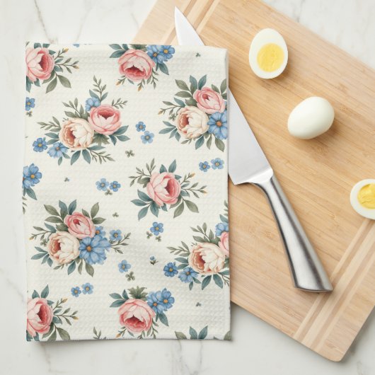  roze en blauwe bloemen theedoek (Quarter Fold)