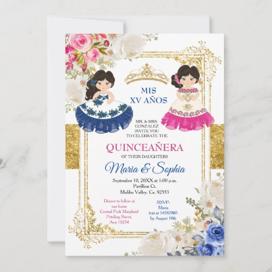 Roze en blauwe bloemen Twin Quinceanera Kaart (Voorkant)
