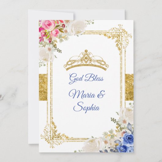 Roze en blauwe bloemen Twin Quinceanera Kaart (Achterkant)