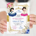 Roze en blauwe bloemen Twin Quinceanera Kaart<br><div class="desc">Roze en blauwe bloemen Twin Charro Mis Quince 15 Anos nodigen Mis Quince Anos uit,  15th Birthday,  Twin Navy Quinceanera Invitation,  Blue Flowers,  Crown Mis Quince Anos</div>