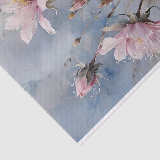 Roze en Blauwe Bloemen Waterverf Decoupage Tissuepapier (Detail)