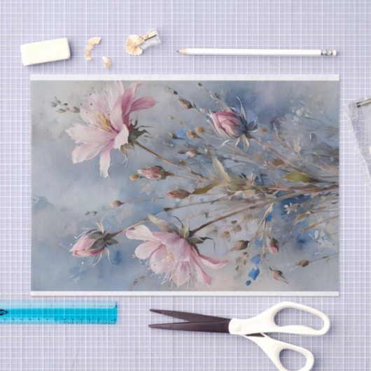 Roze en Blauwe Bloemen Waterverf Decoupage Tissuepapier (Craft)
