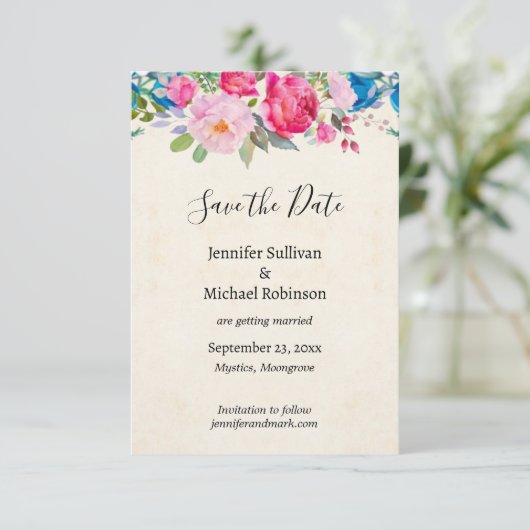  Roze en Blauwe Bloemen Weddenschap sparen de Datu Save The Date (Staand voorkant)
