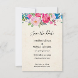 Roze en Blauwe Bloemen Weddenschap sparen de Datu Save The Date