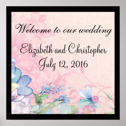 roze en blauwe bloemen welkom op onze bruiloft poster (Voorkant)