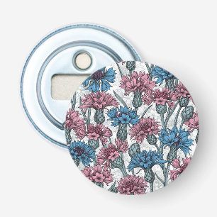 Roze en blauwe bloemen, wilde bloemen op wit button flesopener