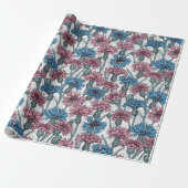 Roze en blauwe bloemen, wilde bloemen op wit cadeaupapier (Uitgerold)