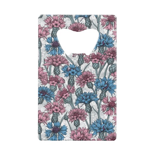 Roze en blauwe bloemen, wilde bloemen op wit creditkaart flessenopener (Voorkant)