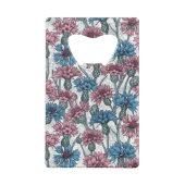 Roze en blauwe bloemen, wilde bloemen op wit creditkaart flessenopener (Achterkant)
