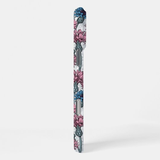 Roze en blauwe bloemen, wilde bloemen op wit iPhone hoesje (Rechterkant)