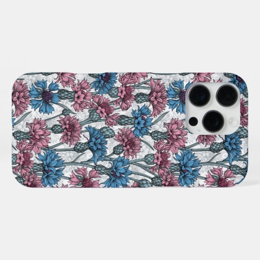 Roze en blauwe bloemen, wilde bloemen op wit iPhone hoesje (Achterkant horizontaal)