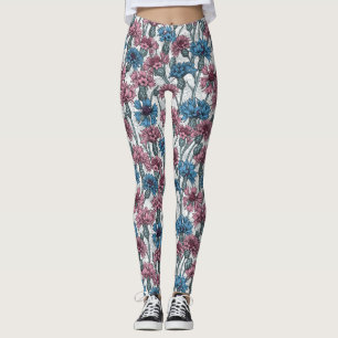 Roze en blauwe bloemen, wilde bloemen op wit leggings