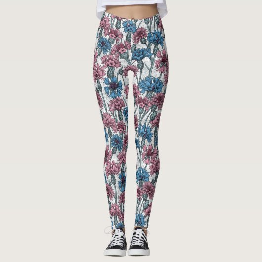 Roze en blauwe bloemen, wilde bloemen op wit leggings (Voorkant)