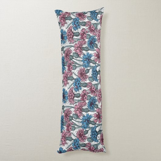 Roze en blauwe bloemen, wilde bloemen op wit lichaamskussen (Achterkant (Verticaal))