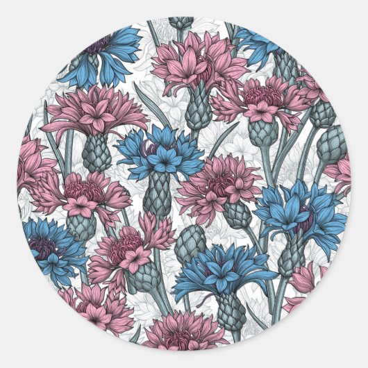 Roze en blauwe bloemen, wilde bloemen op wit ronde sticker (Voorkant)
