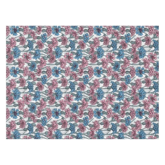 Roze en blauwe bloemen, wilde bloemen op wit tafelkleed (Voorkant (Horizontaal))