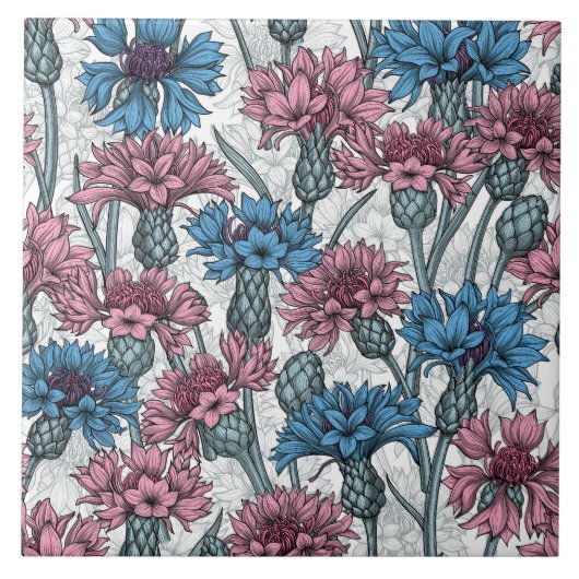 Roze en blauwe bloemen, wilde bloemen op wit tegeltje (Voorkant)