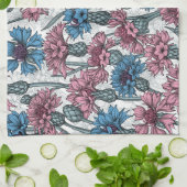 Roze en blauwe bloemen, wilde bloemen op wit theedoek (Gevouwen)