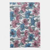 Roze en blauwe bloemen, wilde bloemen op wit theedoek (Verticaal)