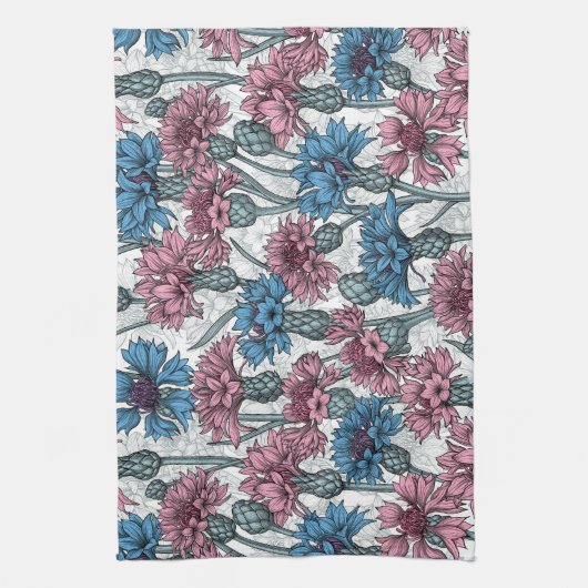 Roze en blauwe bloemen, wilde bloemen op wit theedoek (Verticaal)