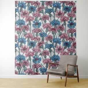 Roze en blauwe bloemen, wilde bloemen op wit wandkleed