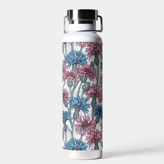 Roze en blauwe bloemen, wilde bloemen op wit waterfles (Achterkant)