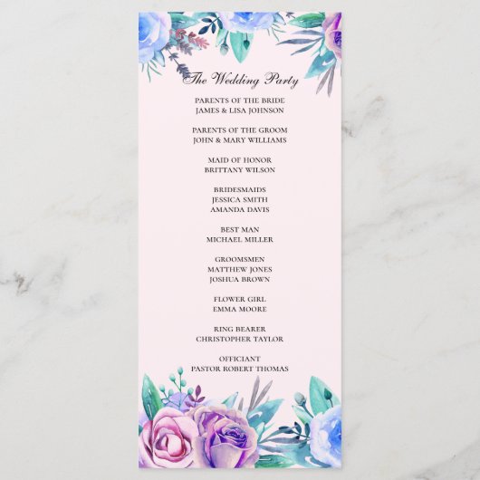 Roze en blauwe bloemenbruiloft. Waterverf bloemen Programmakaart (Achterkant)