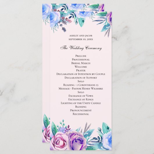 Roze en blauwe bloemenbruiloft. Waterverf bloemen Programmakaart (Voorkant / Achterkant)