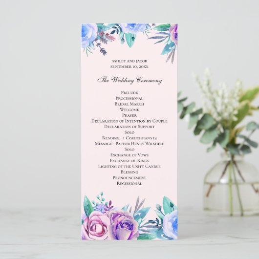 Roze en blauwe bloemenbruiloft. Waterverf bloemen Programmakaart (Staand voorkant)