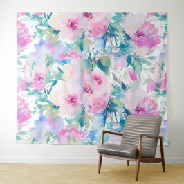 Roze en blauwe bloemencollagepatroon wandkleed