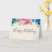  Roze en Blauwe Bloemengrens Verjaardag Kaart (Gele Bloem)