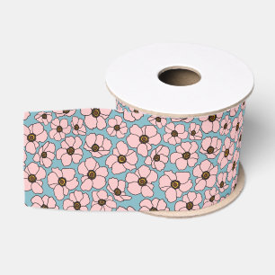 Roze en blauwe bloemenprint  grosgrain lint