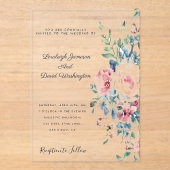 Roze en blauwe bloemenrand Bruiloft Uitnodiging (Voorkant)