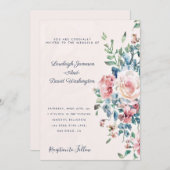Roze en blauwe bloemenrand Bruiloft Uitnodiging (Voorkant / Achterkant)