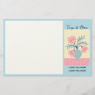 Roze en blauwe bloemenvase ontwerp briefpapier