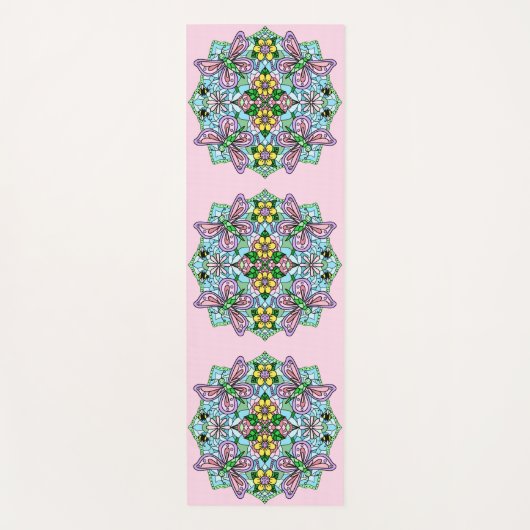 Roze en Blauwe Bloemenvlinder Mandala Yogamat (Voorkant)