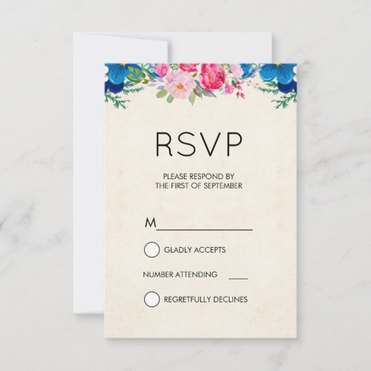  Roze en Blauwe Bloemgrens Eenvoudige RSVP Kaart (Voorkant)
