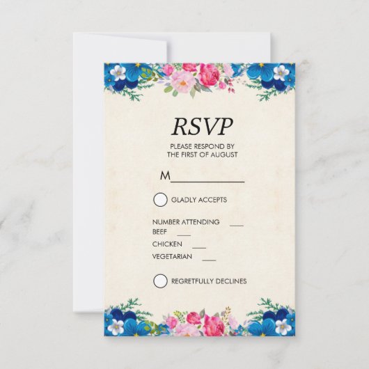  Roze en Blauwe Bloemgrens RSVP Kaart (Voorkant)