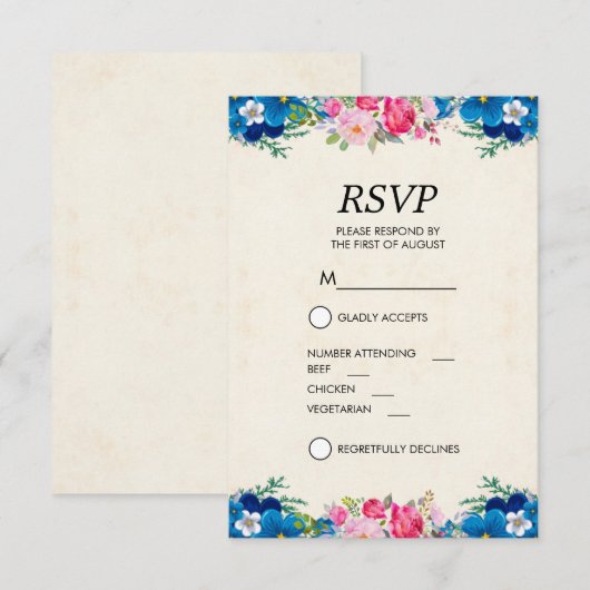  Roze en Blauwe Bloemgrens RSVP Kaart (Voorkant / Achterkant)